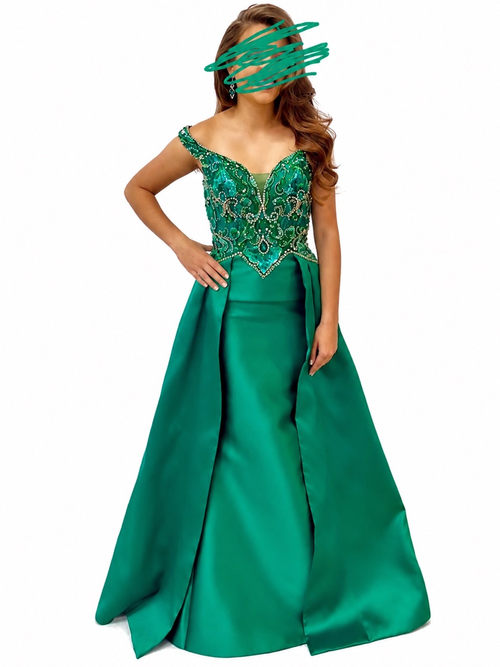 Panoply Emerald Off-Shoulder Beaded Pageant Gown